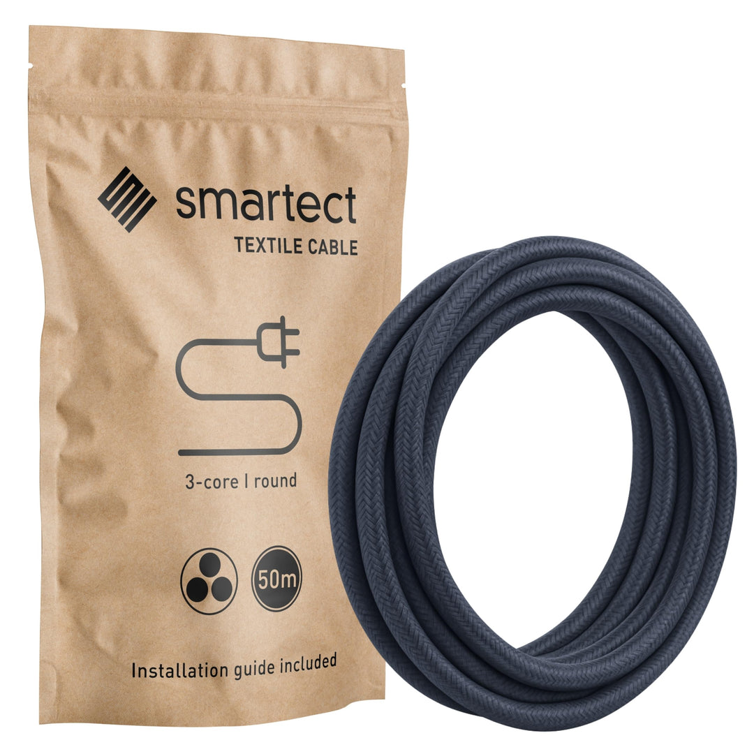 smartect Textilkabel Anthrazit, 50 Meter Vintage Lampenkabel Stoff, 3-Adrig (3 x 0.75 mm²) Stromkabe
