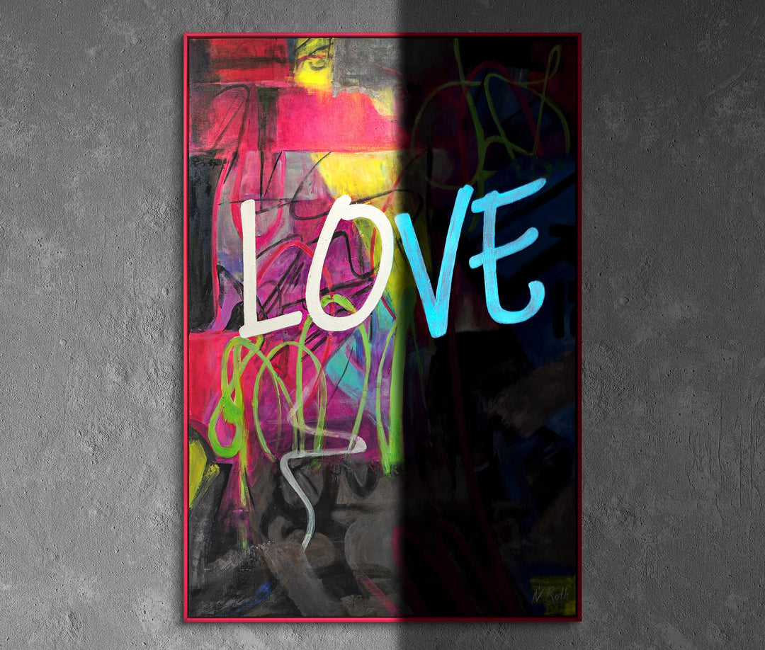 YS-Art XXL Abstrakt Fluoreszierendes selbst leuchtendes Acryl 3D Gemälde auf Leinwand Love handgemal