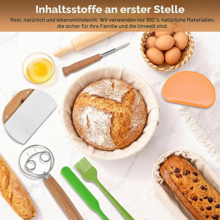 Sauerteig Set 21-teilig mit 2 Gärkörbchen &amp; Glas – Komplettes Brotbackzubehör inkl. Gärkorb Rattan,