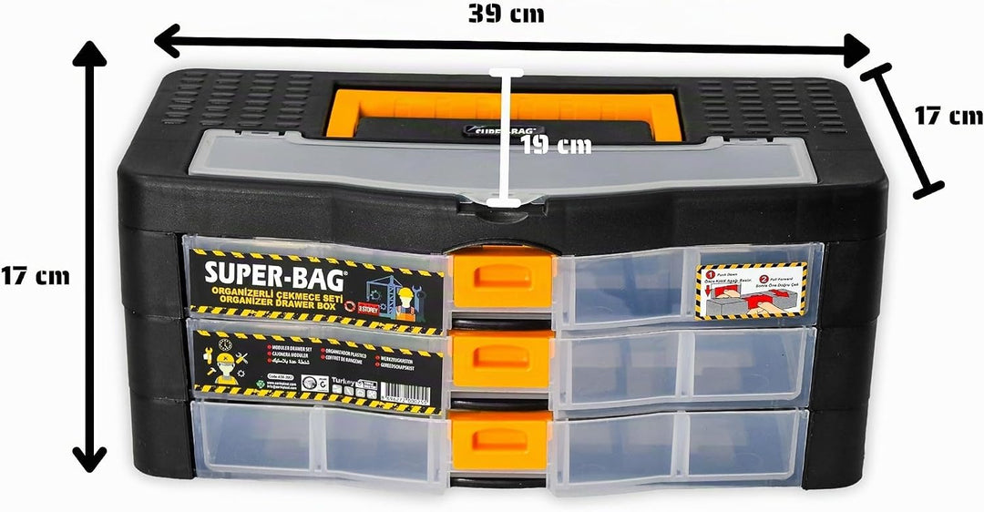 Werkzeugkoffer Kleinteile Organizer 3 Schubladen 390x190x170mm Sortierkasten 16 Innenfächer verstell