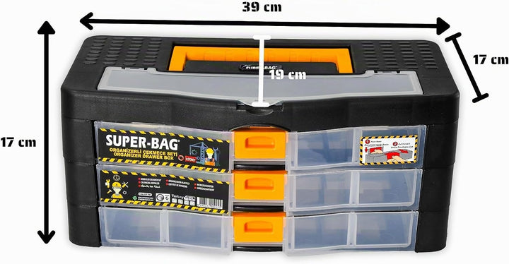 Werkzeugkoffer Kleinteile Organizer 3 Schubladen 390x190x170mm Sortierkasten 16 Innenfächer verstell