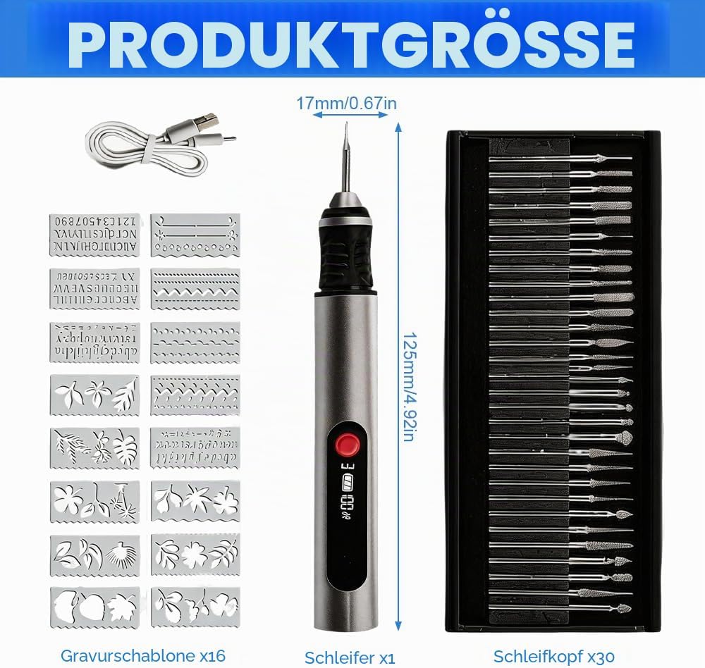 Gravierstift, Elektrischer Gravur Stift mit 30 Bits und 16 Vorlagen, Kabelloser Tragbarer Gravur Ger