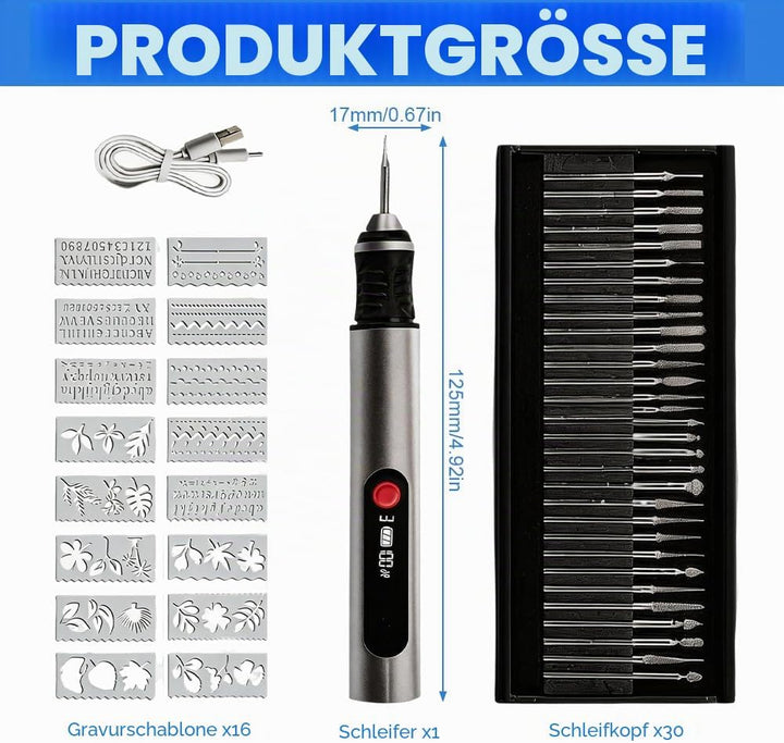 Gravierstift, Elektrischer Gravur Stift mit 30 Bits und 16 Vorlagen, Kabelloser Tragbarer Gravur Ger