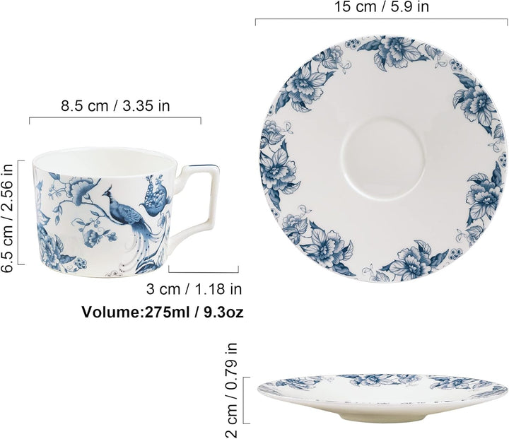 fanquare 250ml Bone China Teetasse und Untertasse Set für 1, Blaue und Weisse Kaffeetasse mit Teller