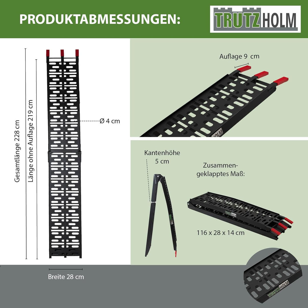 TRUTZHOLM 2 x Auffahrrampe klappbar 228 cm Traglast 680 kg Alu schwarz gelocht Motorradrampe Verlade