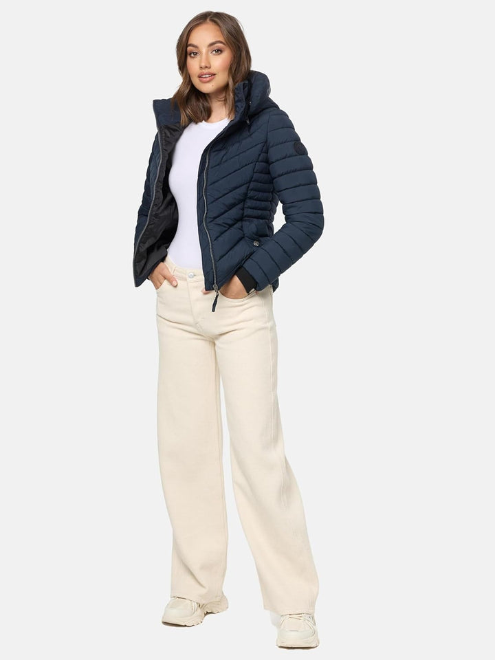 MARIKOO Damen Übergangsjacke leichte Steppjacke kurz mit abnehmbarer Kapuze Kagomee XS-XXL XL Navy,