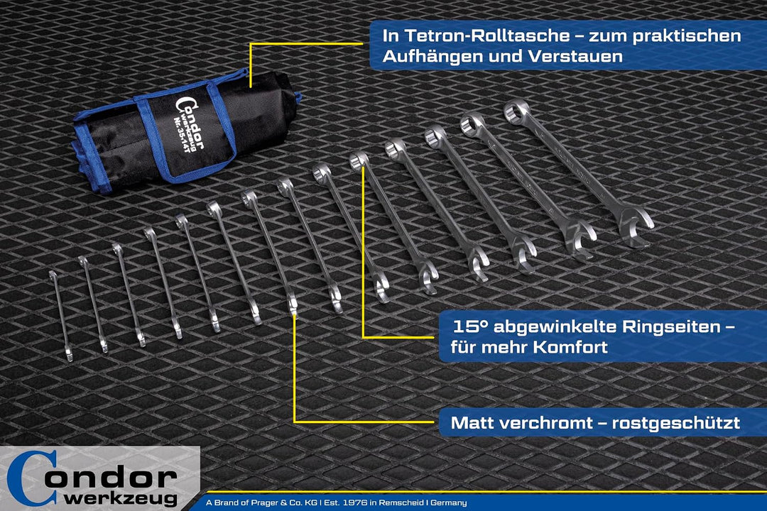 CONDOR Werkzeug 35-14T | Gabel-Ringschlüssel-Satz | 14-tlg. | Chrom-Vanadium-Stahl verchromt | 6-19