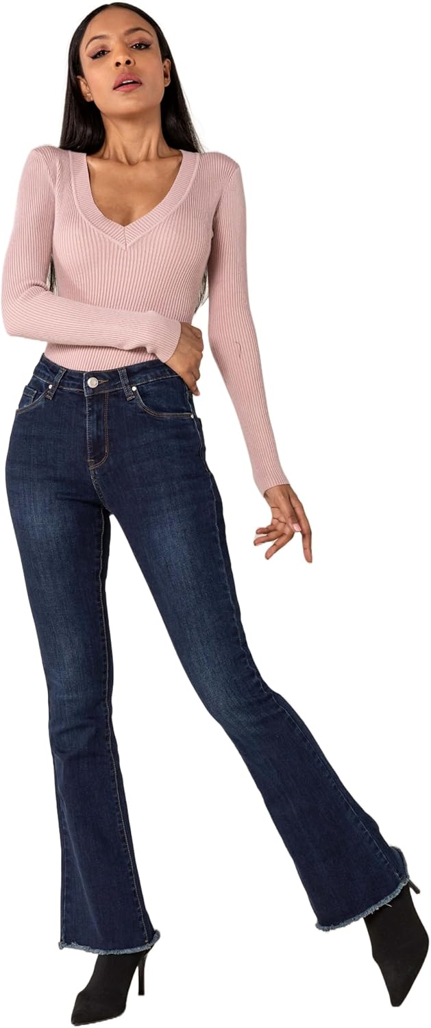 Nina Carter Damen Bootcut Jeans im Retro-Stil Mid Waist Stretchjeans Jeanshosen Used-Look Schlaghose