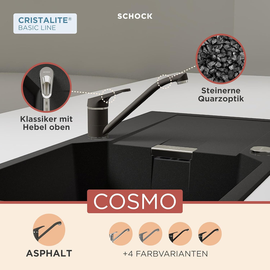 SCHOCK® Küchenarmatur COSMO Asphalt I Hochdruck Einhebelmischer mit Festauslauf I 360° schwenkbar I