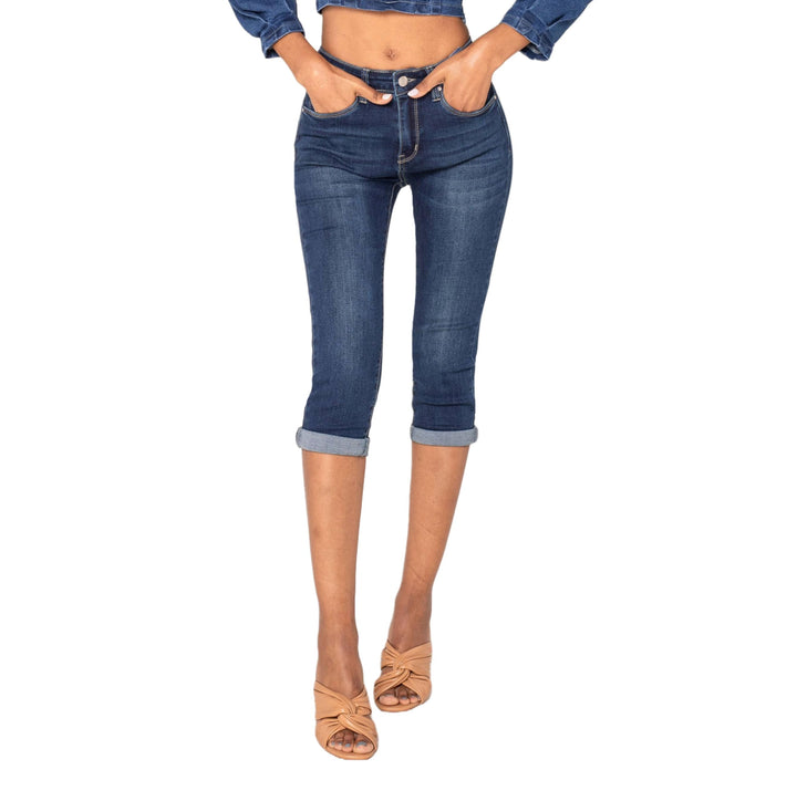 Nina Carter P132 Damen Capri Skinny Fit Jeanshosen HIGH Waist Jeans Used-Look Waschungseffekt M Dunk