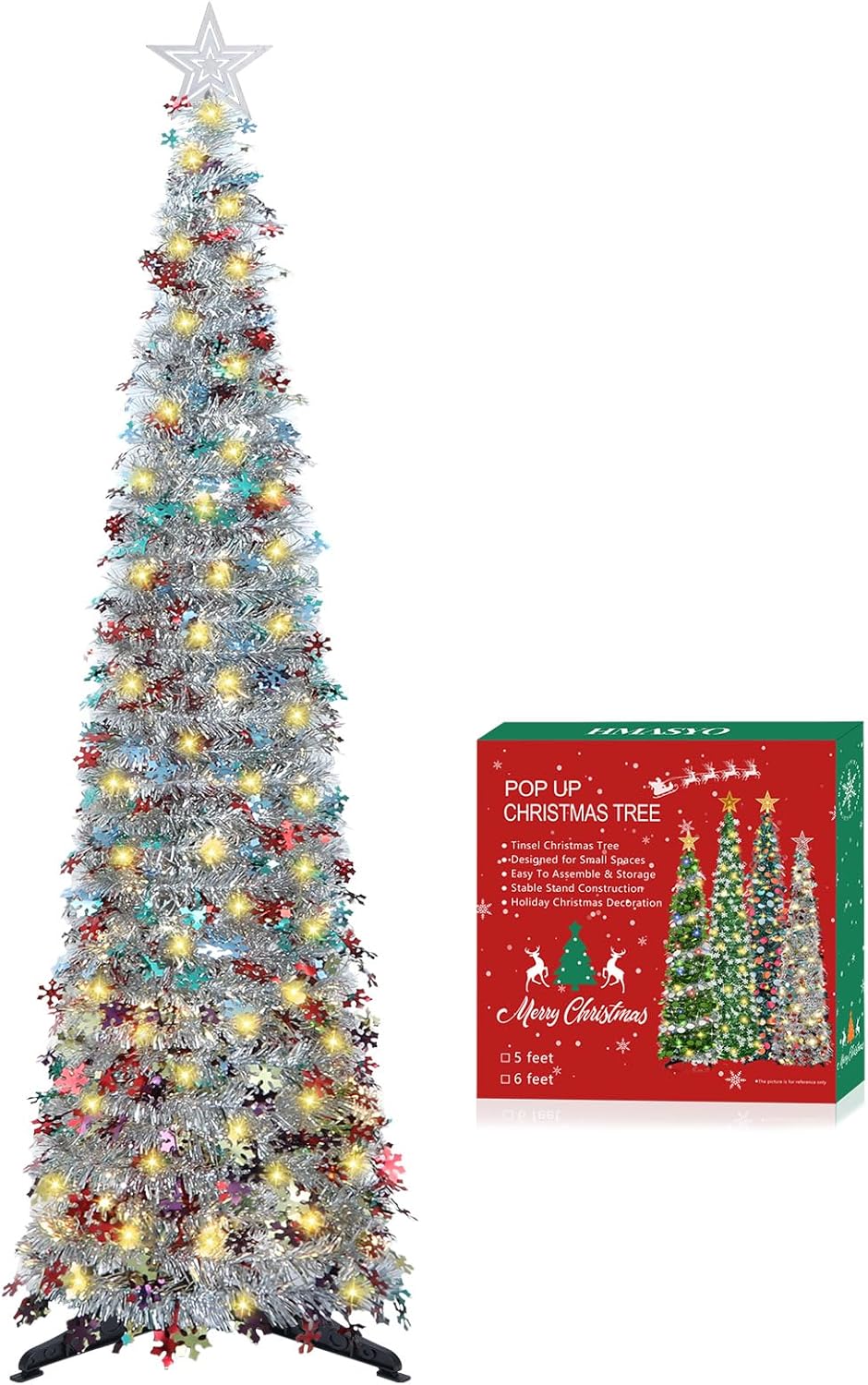 HMASYO 180 cm Pop-Up Lametta Weihnachtsbaum mit 100 Timer-Lichter und Fernbedienung, Zusammenklappba