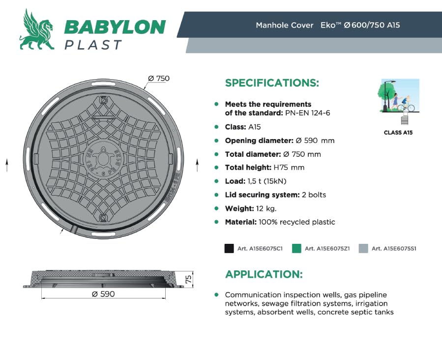 BABYLONPLAST Schachtabdeckung, Schachtdeckel DN600/750 - Runder Kunststoff Kanaldeckel, Ø 600/750 mm