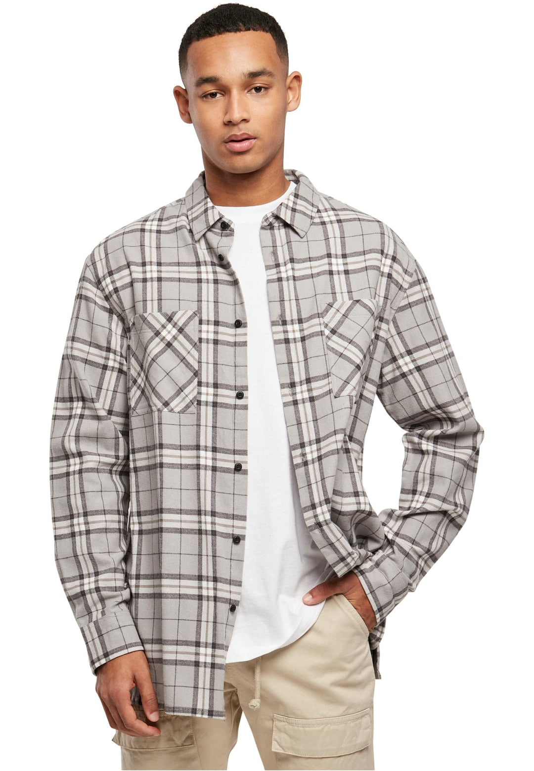 Urban Classics Herren Long Oversized Grey Check Shirt L Grey/Black, L Grey/Black