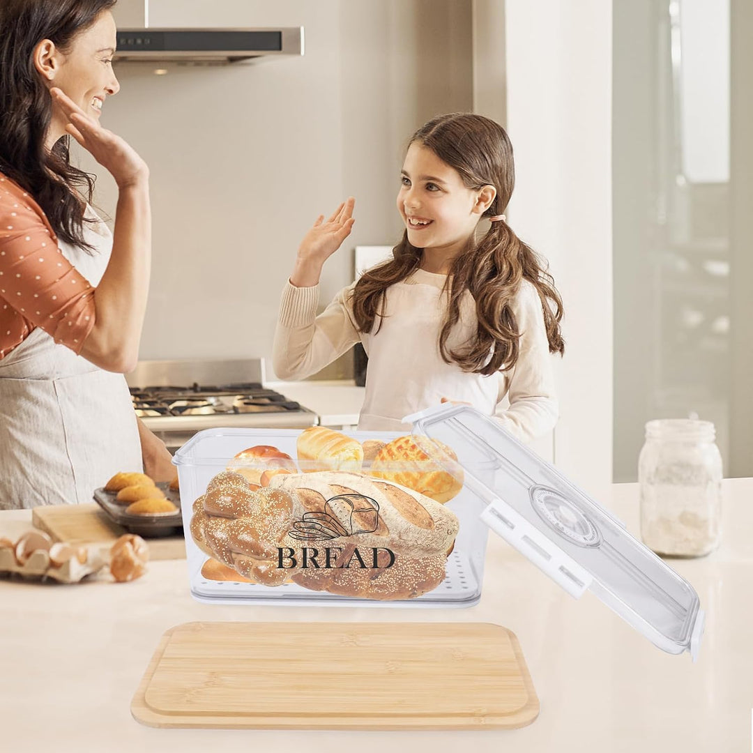 Brotbox Acryl 32 cm, Brotkasten mit Bambusdeckel für Küche Brot | Transparente Brotaufbewahrungsbox