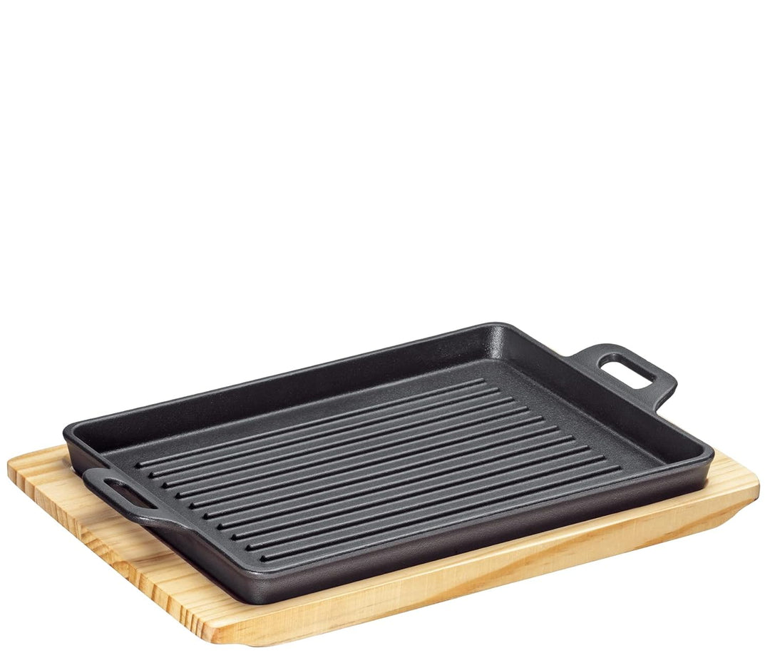 Küchenprofi BBQ Grillpfanne Gusseisen gerillt auf Holzbrett, eckig, 32 x 22 x 3,5 cm, Feuerstelle, a