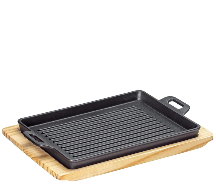Küchenprofi BBQ Grillpfanne Gusseisen gerillt auf Holzbrett, eckig, 32 x 22 x 3,5 cm, Feuerstelle, a