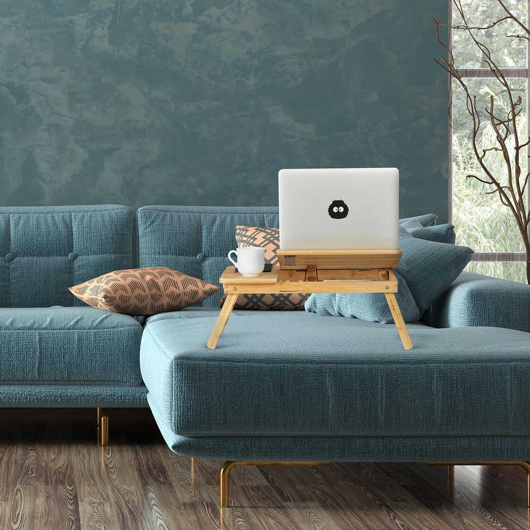 Relaxdays Laptoptisch für Couch, Bambus, klappbar, höhenverstellbar, neigbare Tischplatte, Schublade