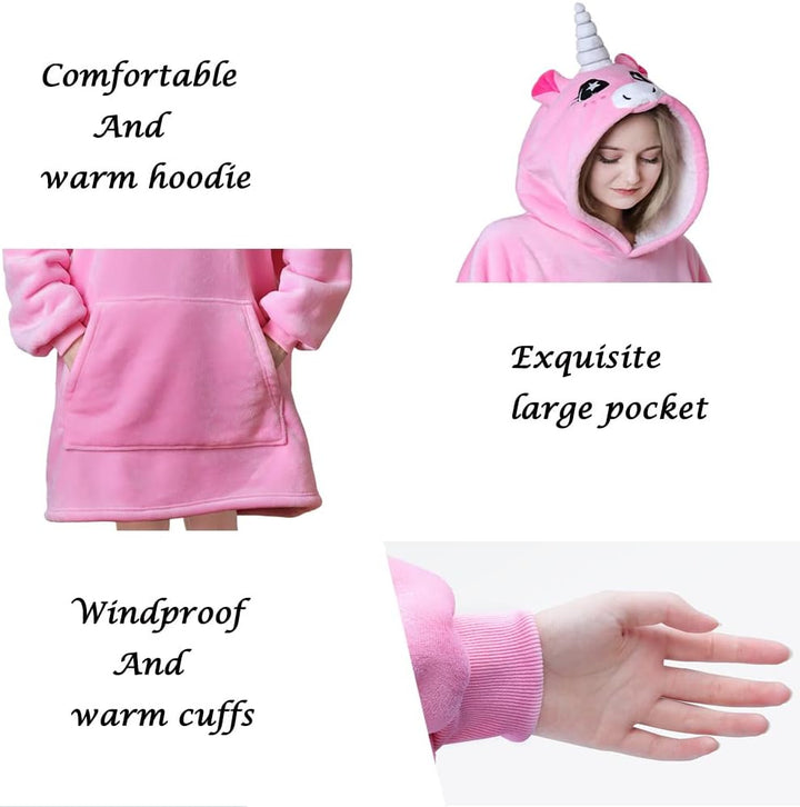 Queenshin Hoodie Decke Rosa Einhorn Übergrösse Swearshirt Sherpa Deckenpullover, Weich und Warm TV-D