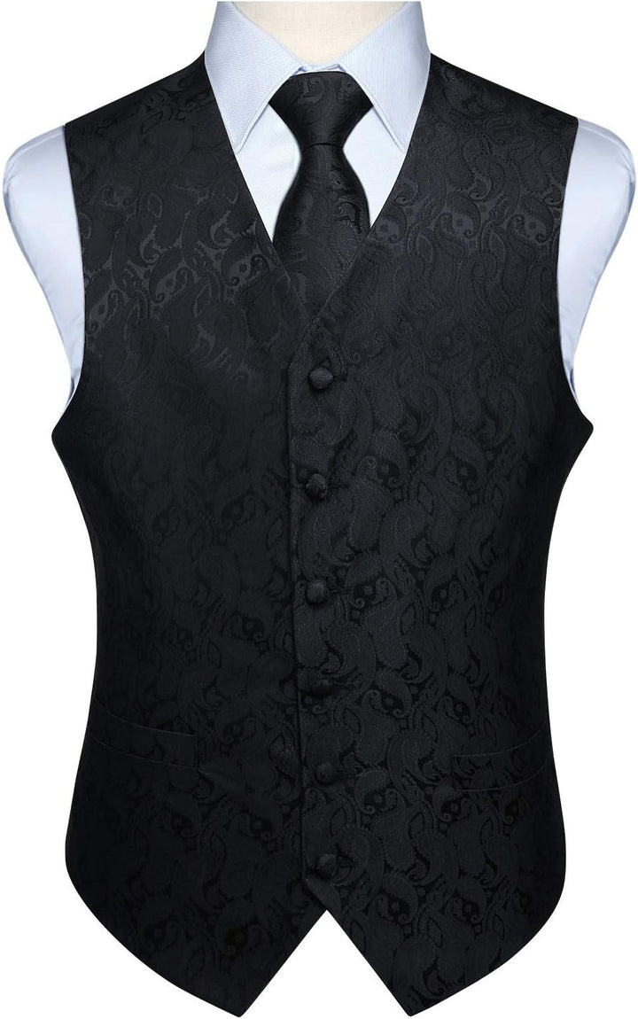 HISDERN Herren FLoral Hochzeit Weste Krawatte Einstecktuch Taschentuch Jacquard Weste Anzug Set S Sc