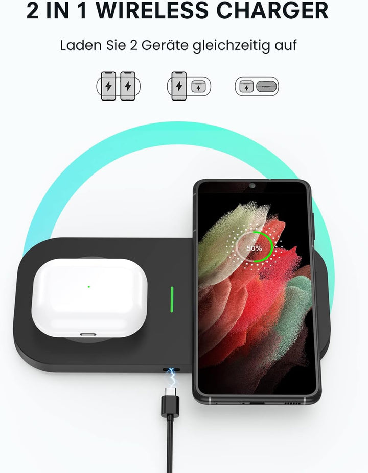 JoyGeek 2 IN 1 Wireless Charger, 15W Max Induktive Ladestation, für iPhone 14/13/12/11/Pro/ProMax/XR