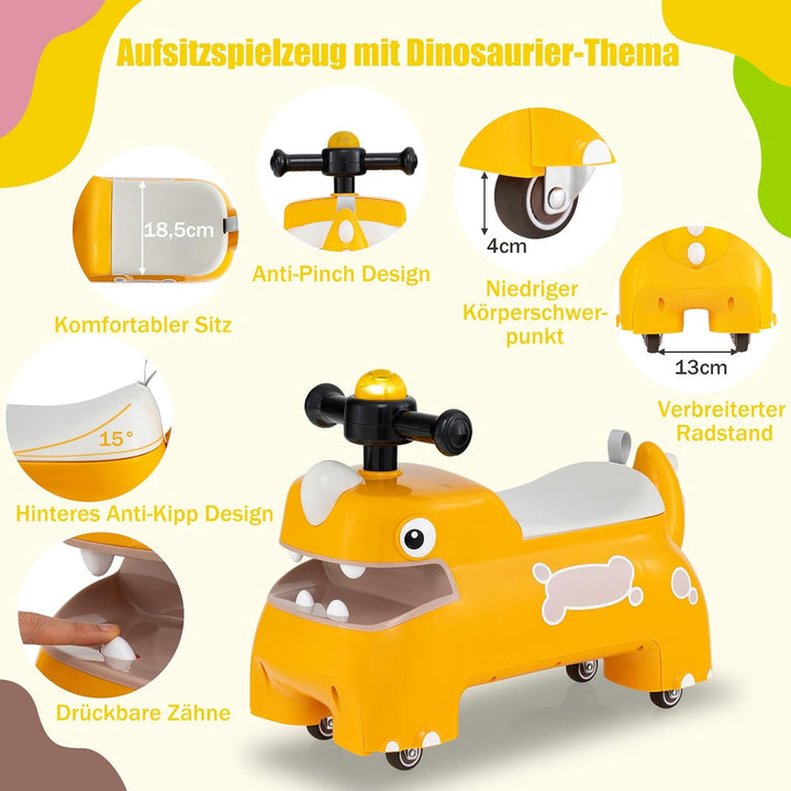 DREAMADE Rutschauto, Dinosaurier Rutschfahrzeug mit Hupe, Musik, Lichtern, Stauraum unter dem Sitz &