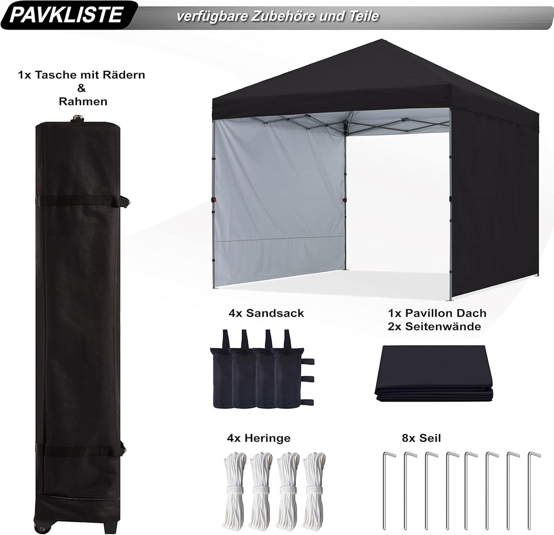 ABCCANOPY Faltpavillon UV50+ mit 2 Seitenwänden, Schwarz 270 cm | 500D Polyester,wasserdicht, 4 Sand