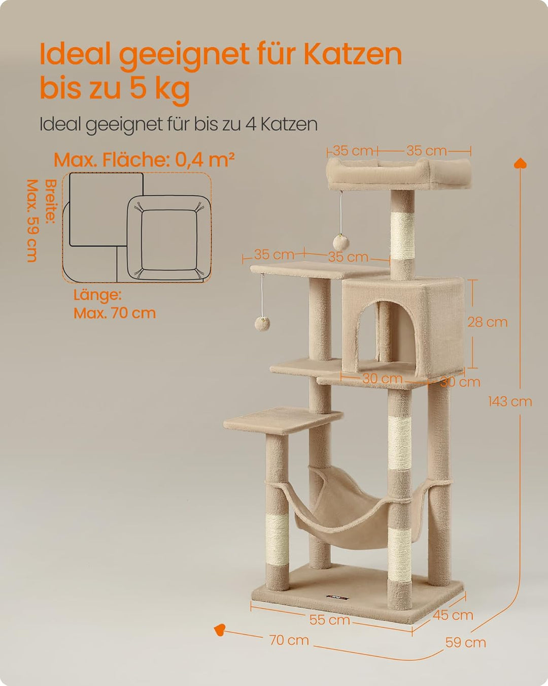 Feandrea Kratzbaum, 143 cm hoch, Katzenbaum, mehrstöckiges Katzenhaus, mit 4 Kratzsäulen, 2 Plattfor