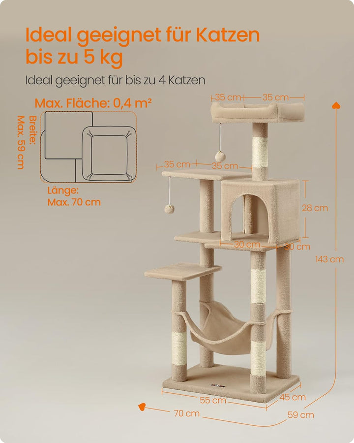 Feandrea Kratzbaum, 143 cm hoch, Katzenbaum, mehrstöckiges Katzenhaus, mit 4 Kratzsäulen, 2 Plattfor