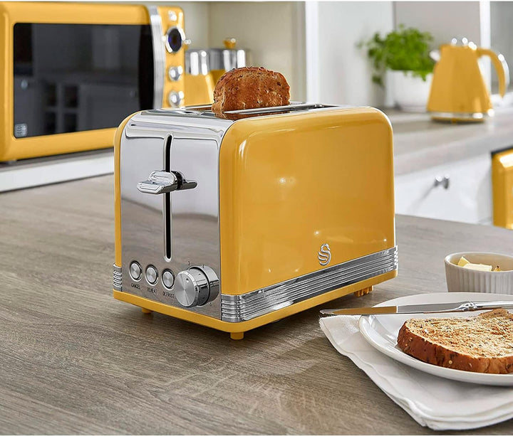 Swan Retro ST19010YELNEU 2-Scheiben-Breitschlitz-Brottoaster, Vintage Design, 3 Funktionen: Auftauen