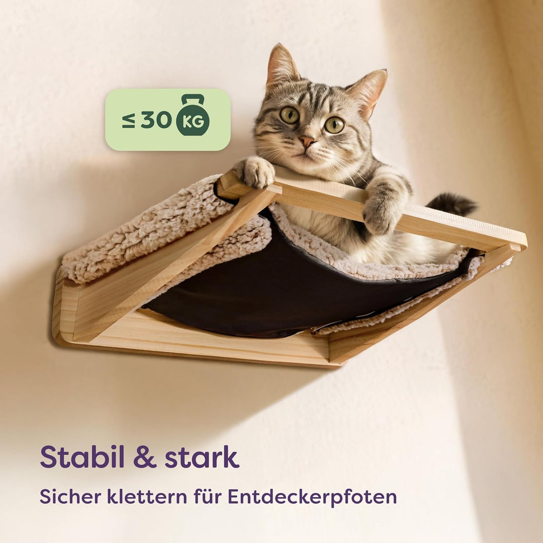Katzen Kletterwand Set mit Hängematte & 2X Katzentreppe – massives Kiefernholz, stabile Wandliege bi