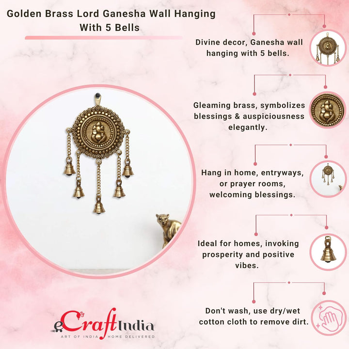 eCraftIndia Lord Ganesha BGG519 Wandschmuck aus Messing, mit 5 Glocken, goldfarben