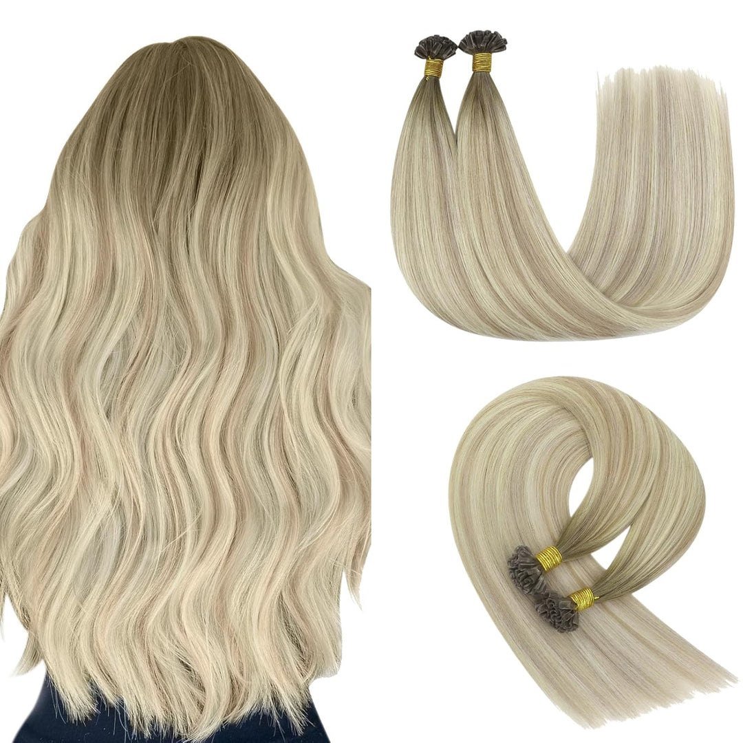 YoungSee Bonding Extensions Echthaar Ombre 40 cm Extensions Echthaar Bondings Aschblond Ombre Blond