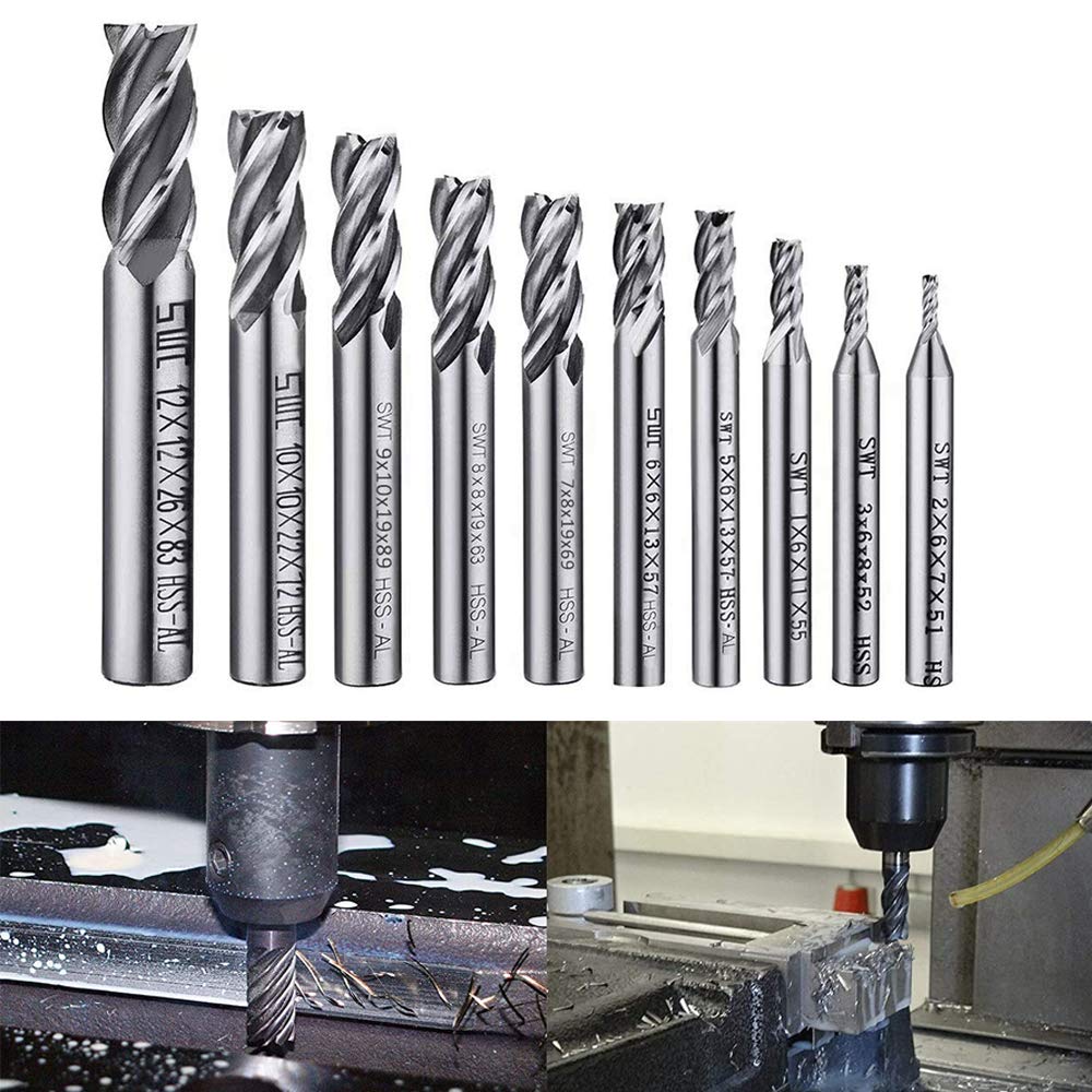 ASNOMY 10Stück HSS Schaftfräser CNC Drehmaschine geraden Schaft 2-12 mm, 4 Flöte Spiralfräser Schnei