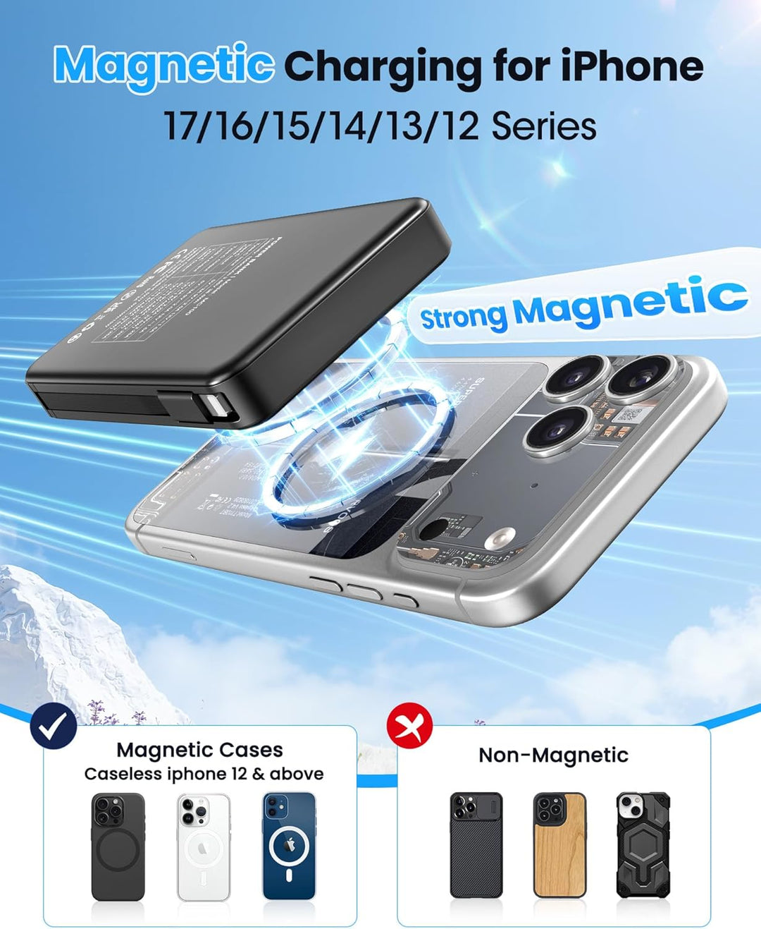 Magsaf Power Bank 10000mAh, Wireless Magnetische Powerbank Schnelles Laden mit LED-Display Mini Powe