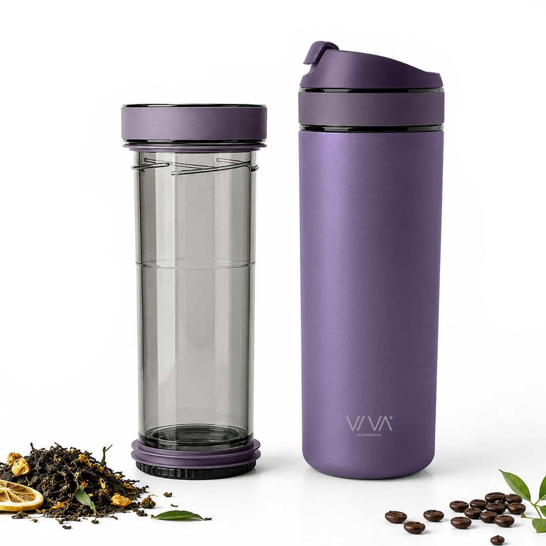 VIVA Recharge Thermobecher to go, Edelstahl, Tee-Sieb, 0,46 l, Violett | Doppelwandig isolierter Ede