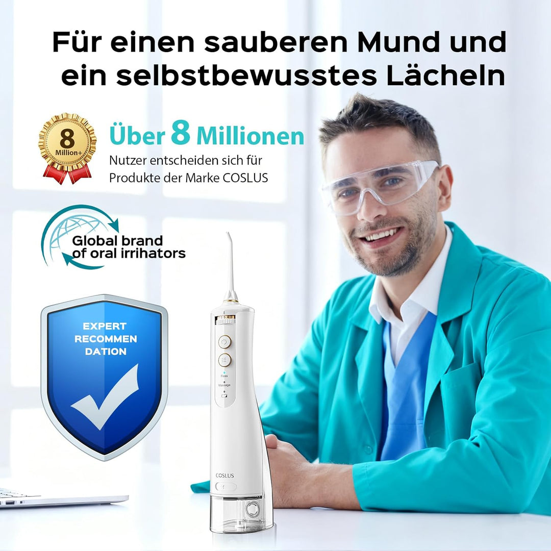 COSLUS Munddusche Kabellos 2025 Upgraded Elektrische Zahnreiniger: 10 Intensitäten & 300ML Wassertan