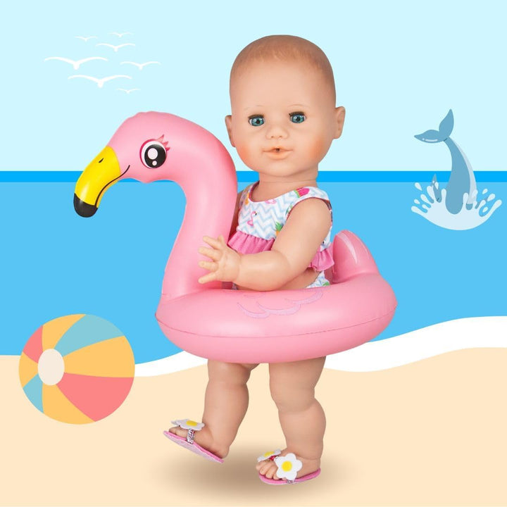 Heless 99 - Schwimm-Set für Puppen, 3 teilig, Flamingo Ella, Bikini, Flip Flops und Schwimmring, Grö