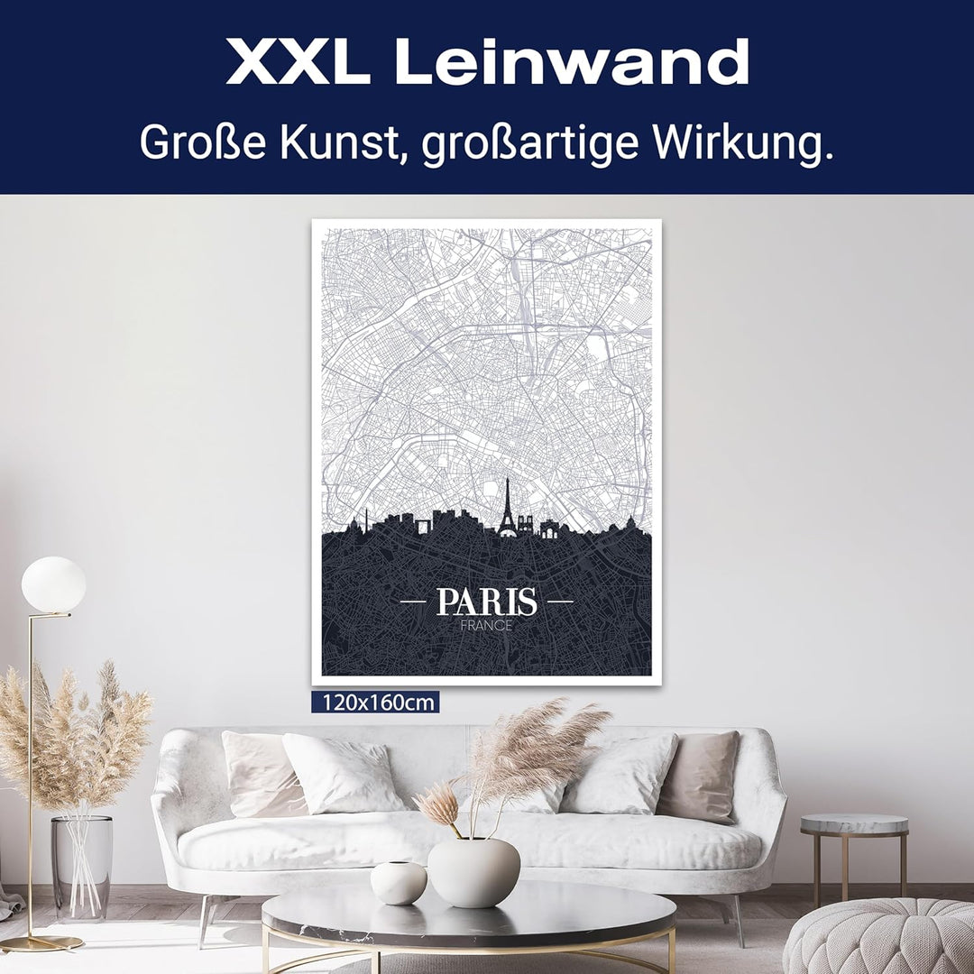 wandmotiv24 Stadt Karte als Leinwandbild, 100x75cm, Hochformat, Paris, Frankreich, Skyline, Silhouet