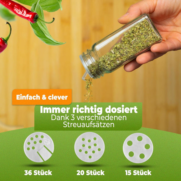 Gewürzgläser eckig [36 x 125ml], Luftdichte Gewürzgläser mit Streueinsatz + 248 wasserfeste Gewürzet