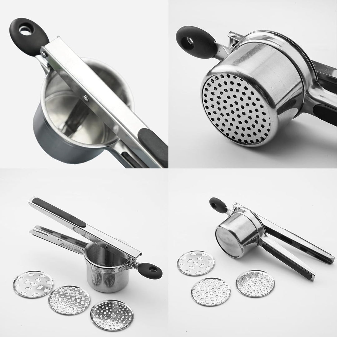 Kartoffelpresse 15oz, robuster Kartoffelstampfer aus Edelstahl mit 3 austauschbaren Scheiben, grosse