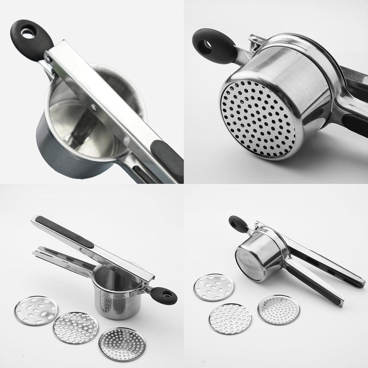 Kartoffelpresse 15oz, robuster Kartoffelstampfer aus Edelstahl mit 3 austauschbaren Scheiben, grosse