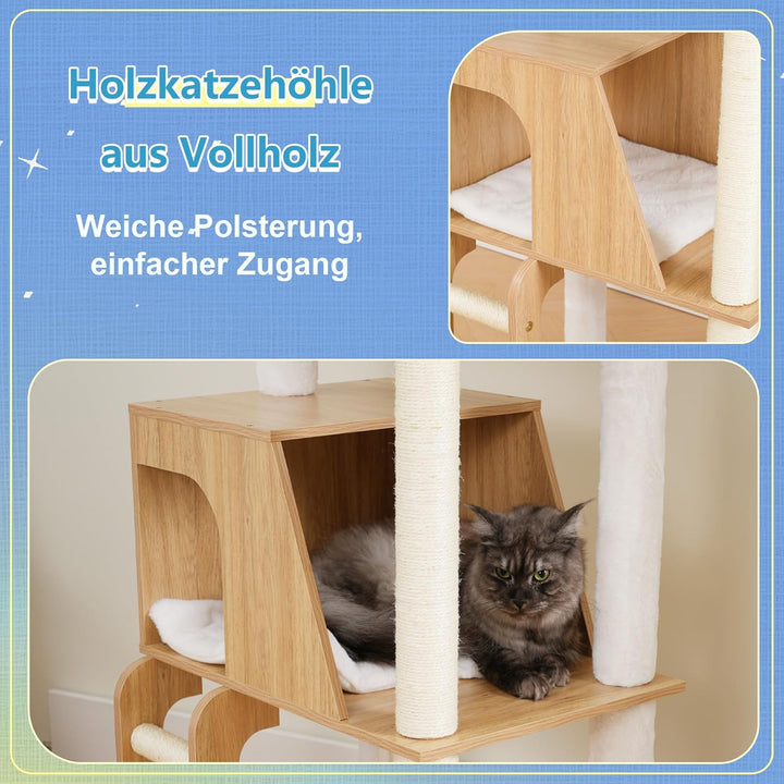 Hey-brother Holz Kratzbaum, 184cm Katzenbaum für Grosskatze, mehrstöckiger Stabil Katzenkratzbaum Mi