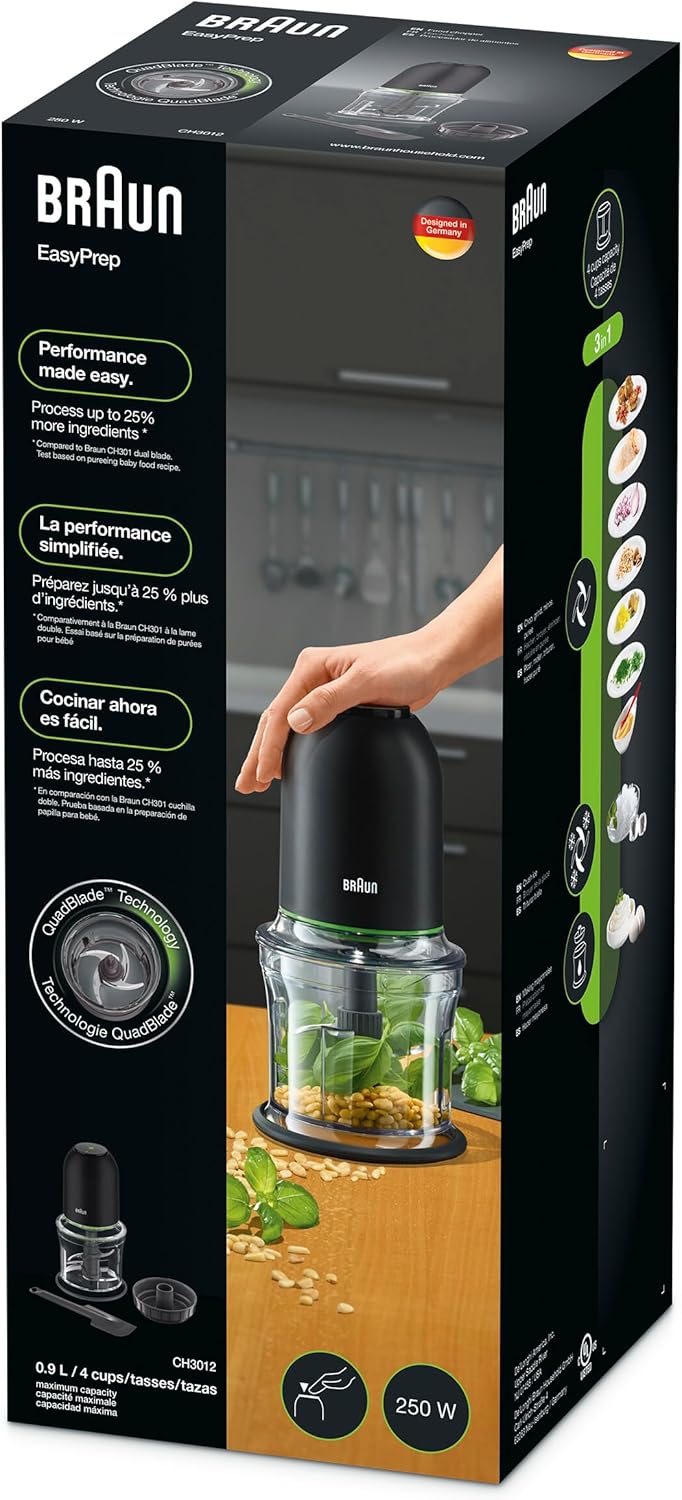 Braun MultiPractic 3 CH3011BK Zerkleinerer mit 4 Edelstahlklingen, One-Push-Funktion, Eiszerkleinere