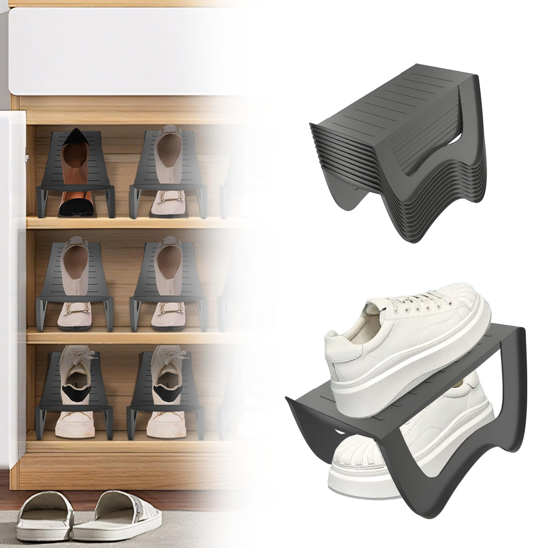 Platzsparender Schuhorganizer 20er Set Grau, 2-stöckiger Schuhstapler aus robustem PP Kunststoff, ru