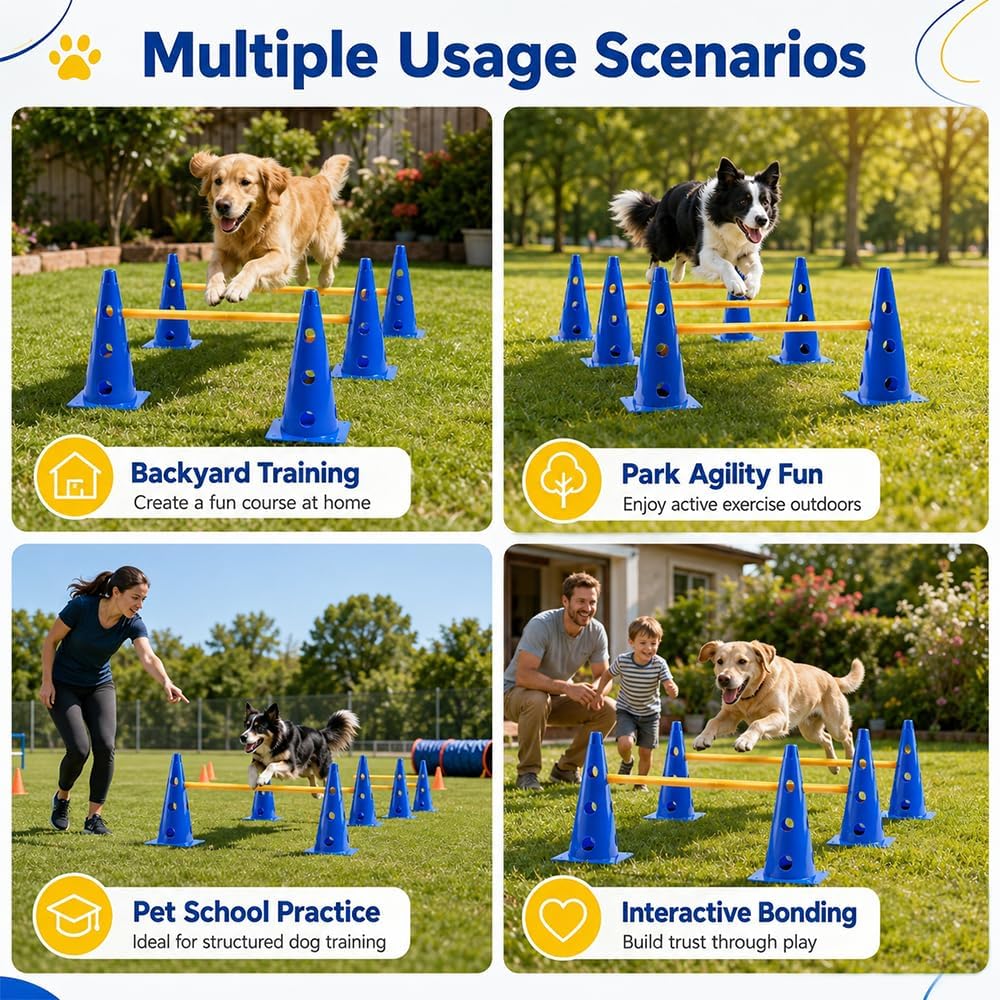 Steckhürdenset, Agility Set Hunde mit 8 Kegel(23cm) + 4 Stangen(1 m), Cavaletti Hund für Koordinatio