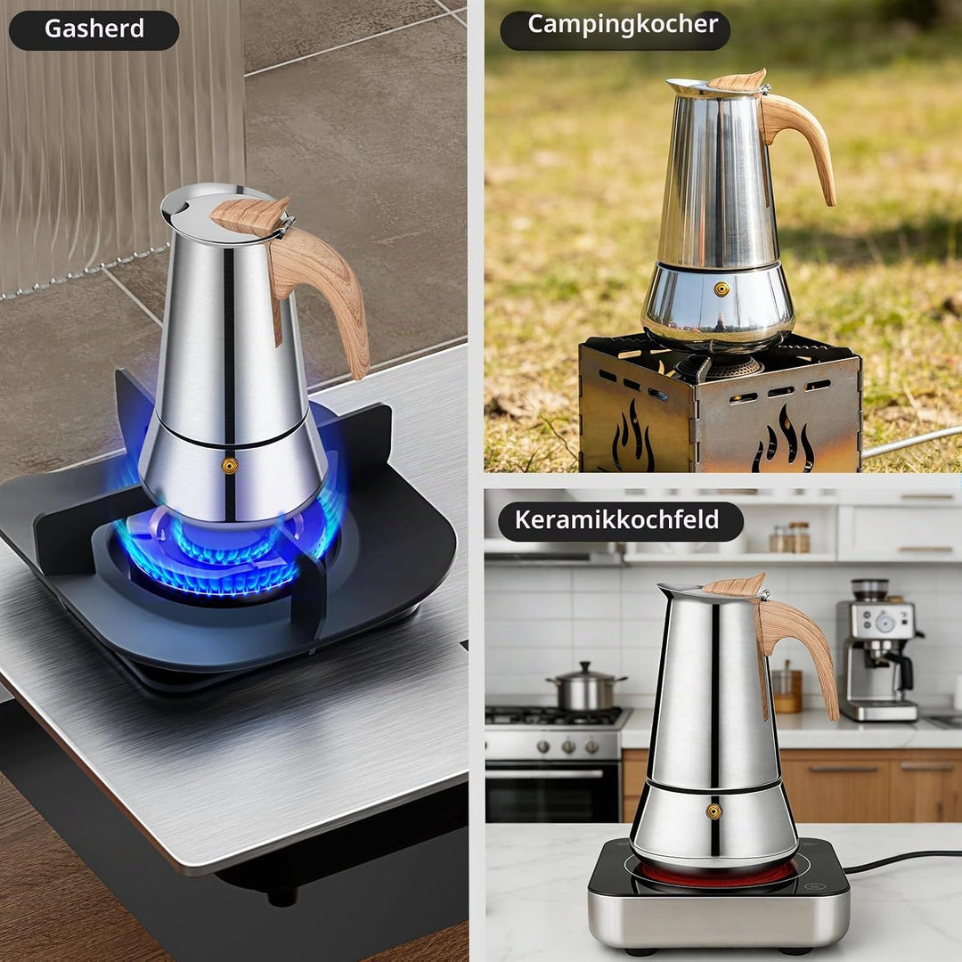 Romon Espressokocher Edelstahl, 6 Tassen 300ml Silber, Mokkakanne Mit Holzgriff, Geeignet Für Glaske