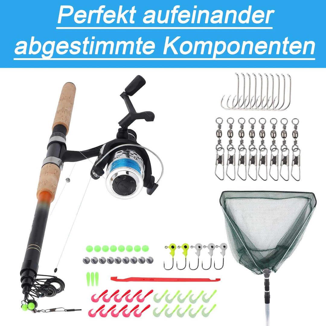Q-Tac - Angelset Forelle / Barsch mit Kescher [Angelfertig montiert & Angelrolle bespult], Angel Set