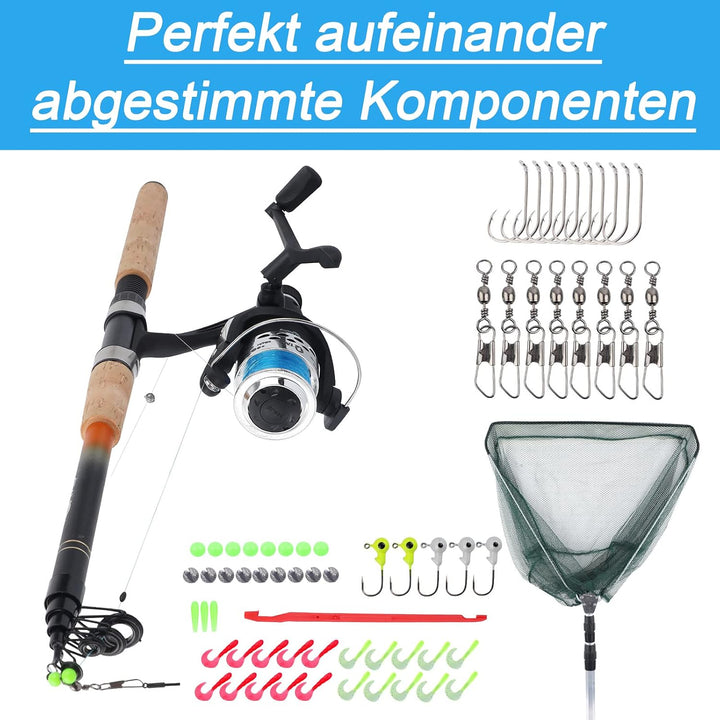 Angelset Forelle/Barsch mit Kescher [Angelfertig montiert &amp; Angelrolle bespult] Angelset komplett fü