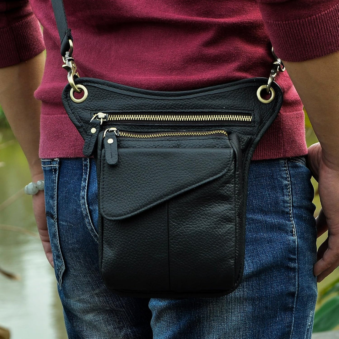 Le'aokuu Herren Echtes Leder Rucksäcke Beinbeutel Beintasche Hüfttasche Hip Bum Weist Pack Outdoor M