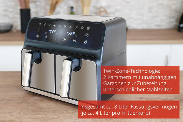 Unold 58685 Heissluftfritteuse Doppelkammer Twin Zone - Doppel-Heissluftfritteuse, 1.700 Watt, 8 Lit